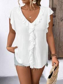 SHEIN Clasi Của phụ nữ Kích thước lớn Màu thuần Ren Trang trí Áo sơ mi - trắng - Xem 3