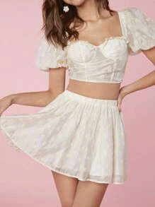 Enchnt Women Fashionable Short Puff Sleeve Top And Skirt Summer Two-Piece Outfits Set, For Music Festival