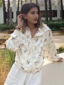Livesso Floral Print Zipper Hooded Jacket With Drawstring Summer - White - View 2