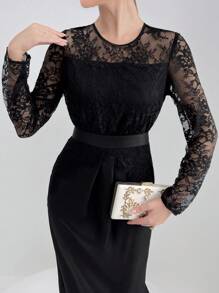 Modelyn Ladies Round Neck Long-Sleeved Bodycon Dress With Contrast Lace For Elegant And Graceful Elegant In Spring And Summer - Black - View 3