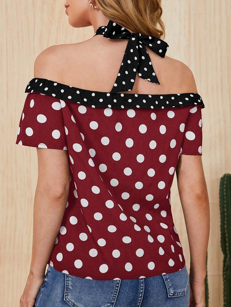 Women Color Block Vintage Polka Dot Print Halter Casual Summer Shirt