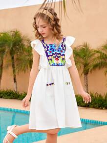 SHEIN Tween Girl Holiday Printed Patchwork Ruffle Hem Dress - Multicolor - View 1