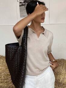 Livesso Top holgado de punto para mujer de manga corta y cuello polo en unicolor para el verano - Albaricoque - Ver 8