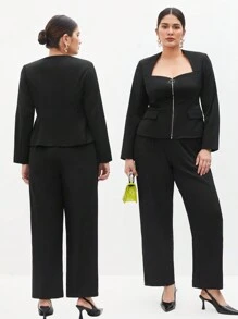 BizChic Conjunto De Top De Manga Larga Con Cremallera Frontal Y Pantalones De Talla Grande - Negro - Ver 1