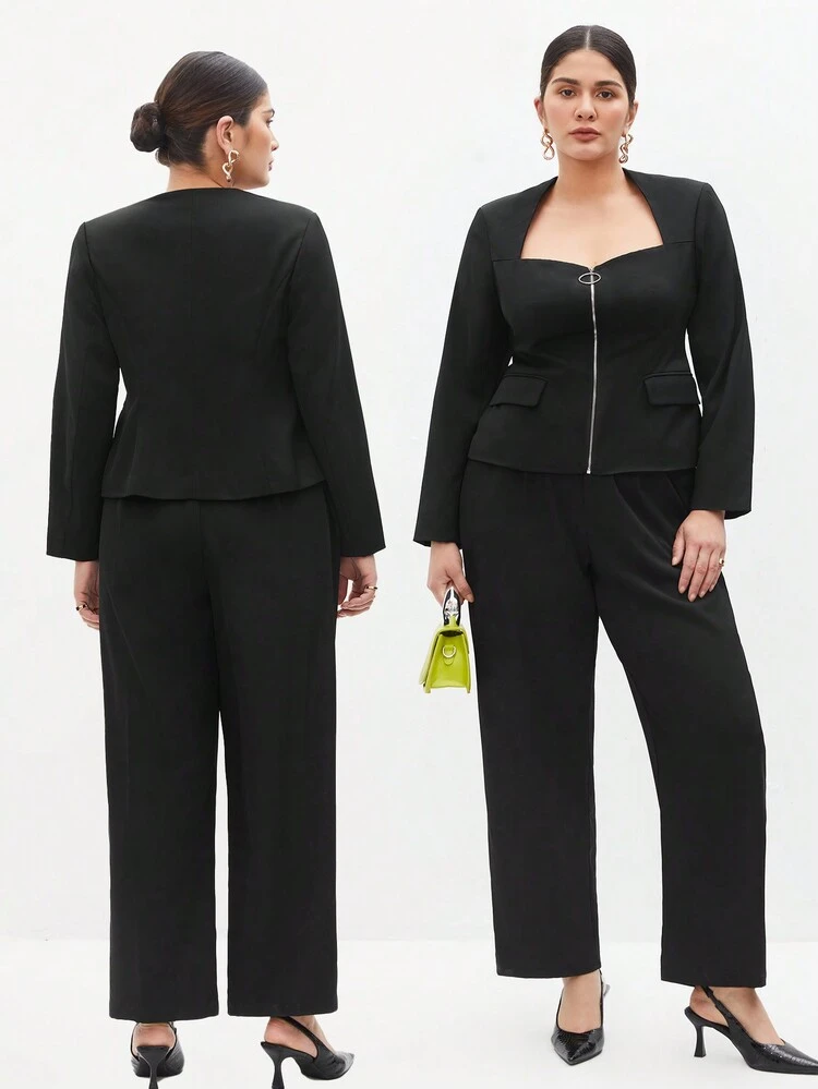 Plus Size Zipper Front Long Sleeve Top And Pants Set