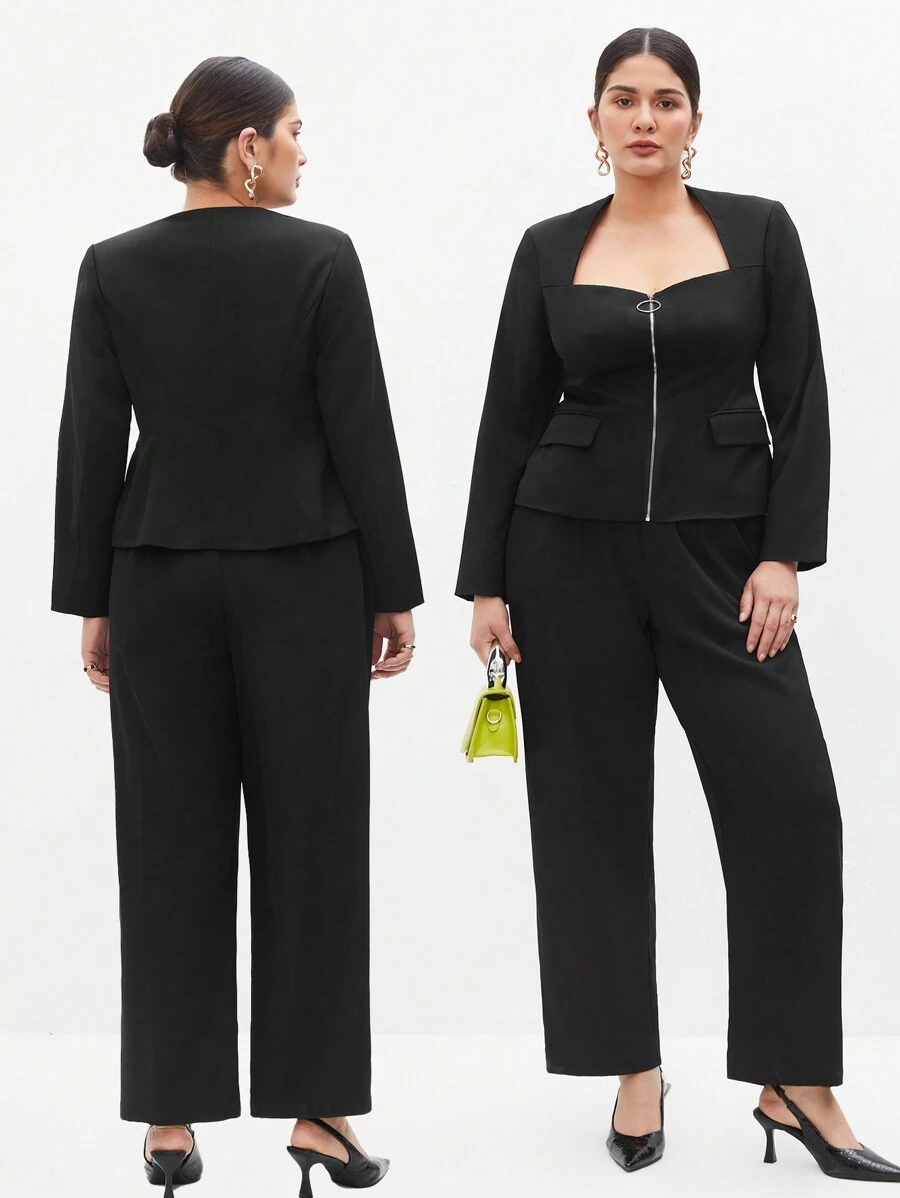 BizChic Conjunto De Top De Manga Larga Con Cremallera Frontal Y Pantalones De Talla Grande - Negro - Ver 1
