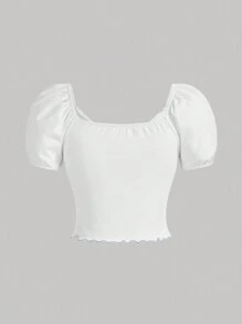 SHEIN MOD T-shirt d'été à manches bouffantes bicolores avec encolure en cœur et bordure de colis mignonne - Blanc - Voir 2