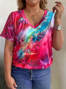 SHEIN LUNE Kích thước lớn Cổ chữ V In cà vạt Ngắn tay Áo thun - Nhiều màu - Xem 1