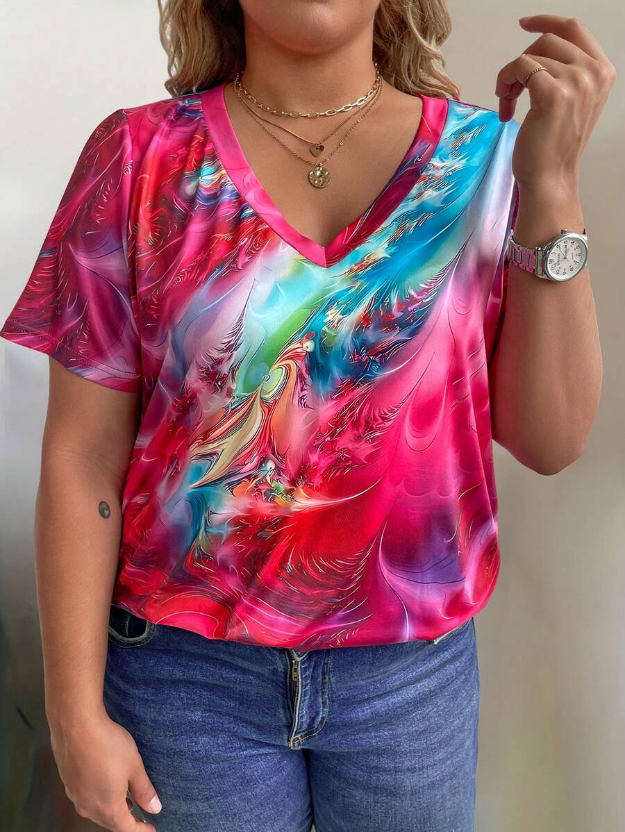 SHEIN LUNE Kích thước lớn Cổ chữ V In cà vạt Ngắn tay Áo thun - Nhiều màu - Xem 1