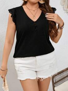 SHEIN Frenchy Plus Size Women's Solid Color Lace Splice Cap Sleeve Summer T-Shirt - Black - View 2