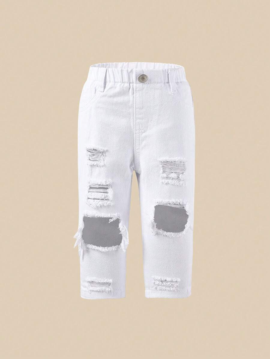 Baby Girl Street Cool Ripped Distressed Loose Fit Comfortable Denim Water-Washed Wide Leg Pants - White - View 1