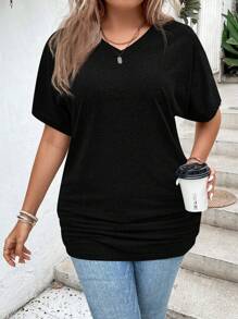 SHEIN LUNE Áo thun nữ tay ngắn cổ chữ V màu trơn mùa hè Plus Size - màu đen - Xem 6