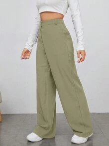 EURMUSE Solid Straight Leg Trousers - Army Green - View 3