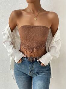 Breezaya Áo liền quần màu trơn cho nữ có viền ren tua rua ngày lễ thời trang phù hợp - Cà phê nâu - Xem 4