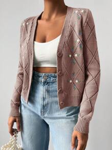 EURMUSE Floral Embroidery Pointelle Knit Cardigan - Dusty Pink - View 4