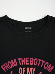 SHEIN Áo thun mùa hè tay ngắn giản dị có in khẩu hiệu và cổ tròn TỪ ĐÁY TRÁI TIM TÔI Áo thun họa tiết IDGAF dành cho nữ - màu đen - Xem 3