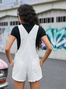 SHEIN Teen Girl Washed Denim Overalls, Casual, Fashionable, Distressed, Comfortable, All-Match, College Style