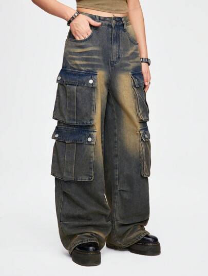 Grunge Punk Damen lässige Y2K-Style lose Cargo Freund Jeans, geeignet für Frühling/Sommer, Schule