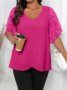 Celure Áo sơ mi mùa hè đơn giản, giản dị và thanh lịch cỡ lớn có tay áo lưới họa tiết cánh hoa tương phản và cổ chữ V - Màu Hồng Tươi - Xem 7