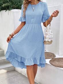 EMERY ROSE Minimalist Summer Casual Dress With Textured Fabric And Ruffle Trim,Pastel Dresses For Women - Baby Blue - View 6