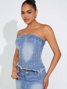 Denimoi Women Casual Strapless Denim Top With Distressed Patchwork And Frayed Hem - Blue - View 3