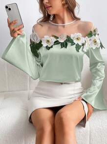 SHEIN Privé 女式露肩緞面上衣，花朵裝飾和飄逸袖子，適合夏季 - 薄荷綠 - 查看 5