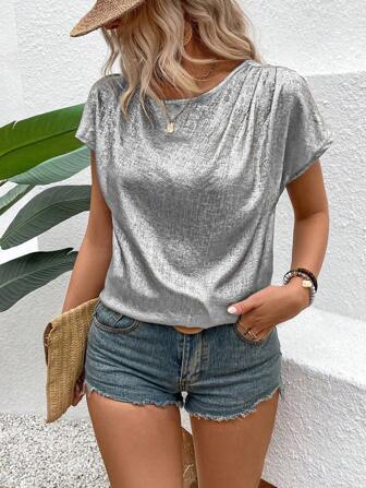 EMERY ROSE Women Metal Pleated Bat Sleeve Casual Shirt For Summer