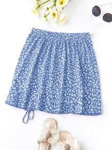Flirla Plus Size Summer Casual Vacation Floral Printed Skirt With Side Drawstring Vacation Beach Outfits Women