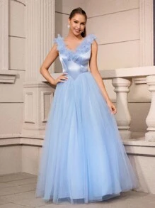 SHEIN Belle Elegante y lindo vestido azul de tul para mujer con escote en V, flores 3D y falda de princesa pomposa para eventos formales, baile de graduación, cena, boda - Celeste - Ver 6