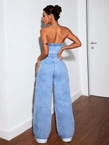 SHEIN PETITE Mono de mezclilla halterneck y tirantes de moda para mujeres en el estilo de chica mala