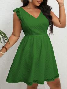 Dreamara Plus Size Women Ruffle Trim Back Tie Summer Dress - Dark Green - View 5