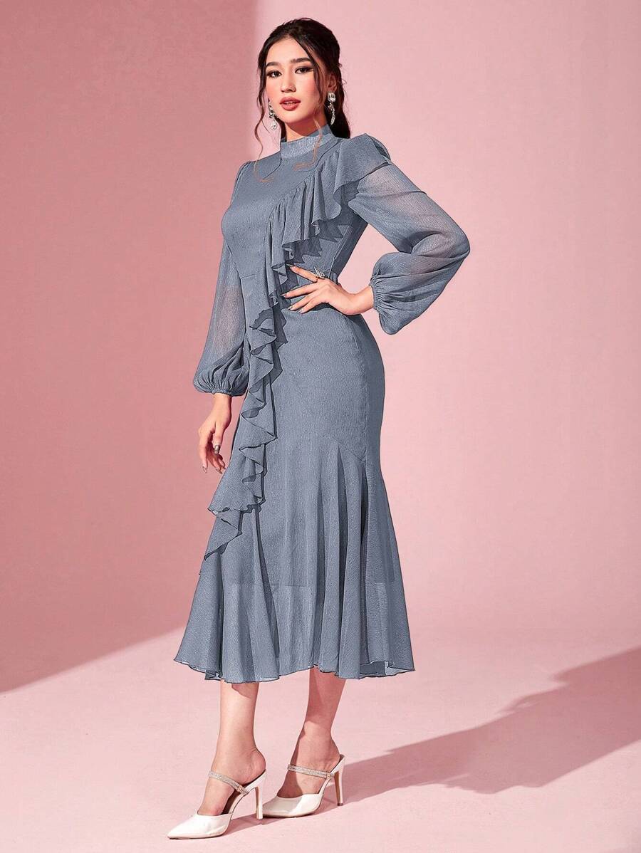 Modelyn 女士立领拼布灯笼袖荷叶边下摆阿拉伯连衣裙 - 霧霾藍 - 查看 1