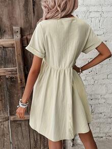 Vestido de manga murciélago de cuello en V y unicolor para mujer - Albaricoque - Ver 2