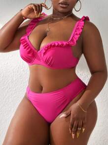 SHEIN Swim Curve Zomerstrand Dames Effen Kleur Grote Maat Bikini Set Met Ruches Decoratie