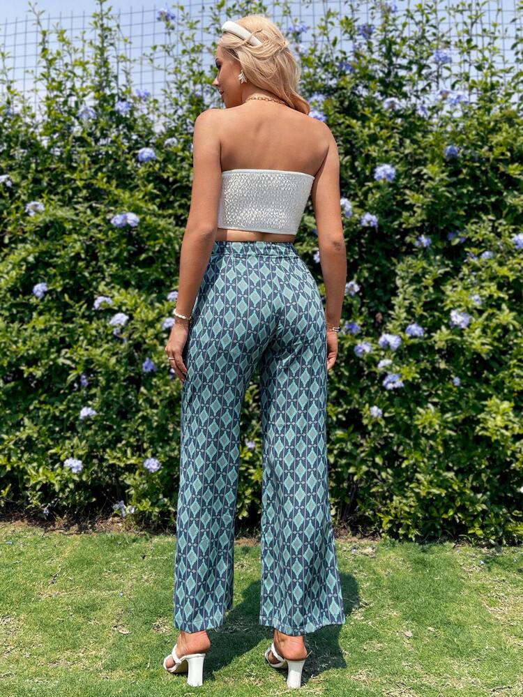 Women Solid Color Ruffle Strapless Top And Retro Patterned Long Pants Two Pieces Set