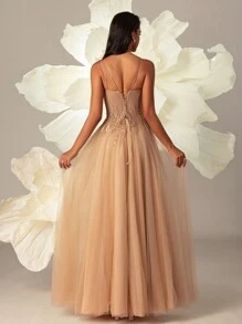 VIPGIRL Women Elegant Contrast Sequin Mesh Slit Cami Party Prom Dress Formal Evening Wedding Guest Gown, For Graduation, Dinner - Brown - View 2
