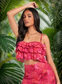 Forever 21 Summer Floral Print Ruffle Hem Cami Top, Vacation Style - Red - View 5