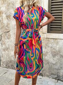 SHEIN Clasi Women Summer Marble Print Batwing Short Sleeve Casual Dress Maxi Women Outfit