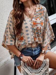 Breezaya Allover Print Batwing Sleeve Blouse Women Shirt - Apricot - View 4