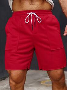 Pantalones cortos de hombre unicolor con cordón para el verano - Rojo - Ver 4
