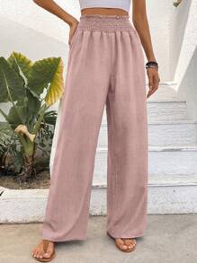 EMERY ROSE Wide Leg Pants With Ruffled Elastic Waist And Flower Gauze Fabric - Pink - View 3