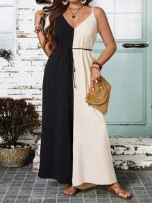 SHEIN Holidaya 大尺碼顏色拼塊鬆身休閒簡約細肩帶寬褲連體褲 - 彩色 - 查看 1