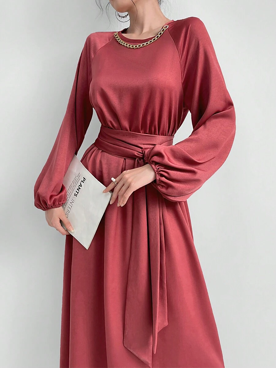 Modelyn 優雅的圓領簡約褶裥長袖腰帶連身裙 - 粉色 - 查看 1