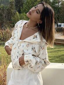 Livesso Floral Print Zipper Hooded Jacket With Drawstring Summer - White - View 3