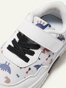 Cozy Pixies Boys' Casual, Fashionable, & Cute Dinosaur Printed Canvas Shoes With Cartoon Style, Anti-Collision Toe Design, Adjustable Hook And Loop And Waterproof Properties