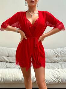 Ensemble de lingerie 4 pièces (incluant un string) en dentelle rouge sexy pour femmes