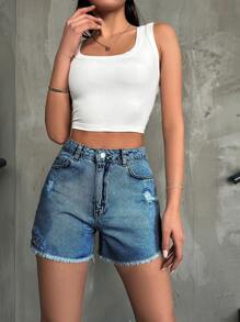 Women Casual Spring/Summer Frayed Edge Distressed Denim Shorts - Medium Wash - View 7