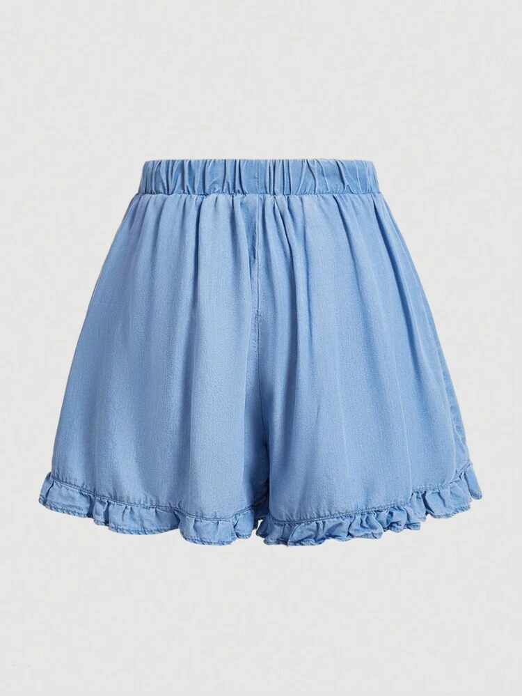 Women Vintage Style Shorts With Teacup Pattern And Frill Hem, Elastic Waistband In Blue