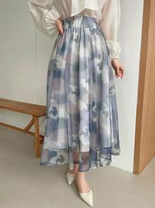 DAZY 水墨印花雪紡A字型中長裙