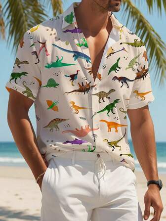 Men Colorful Dinosaur Print Short Sleeve Shirt